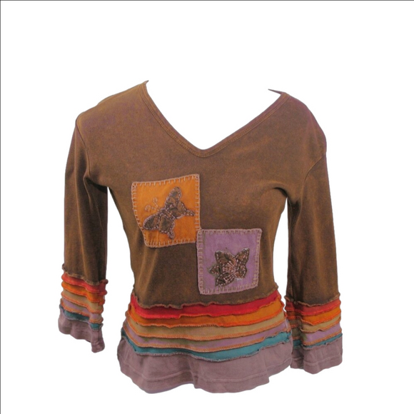 Studio Produce Boho Patch V-Neck Knit Top Size Small - Picture 1 of 6